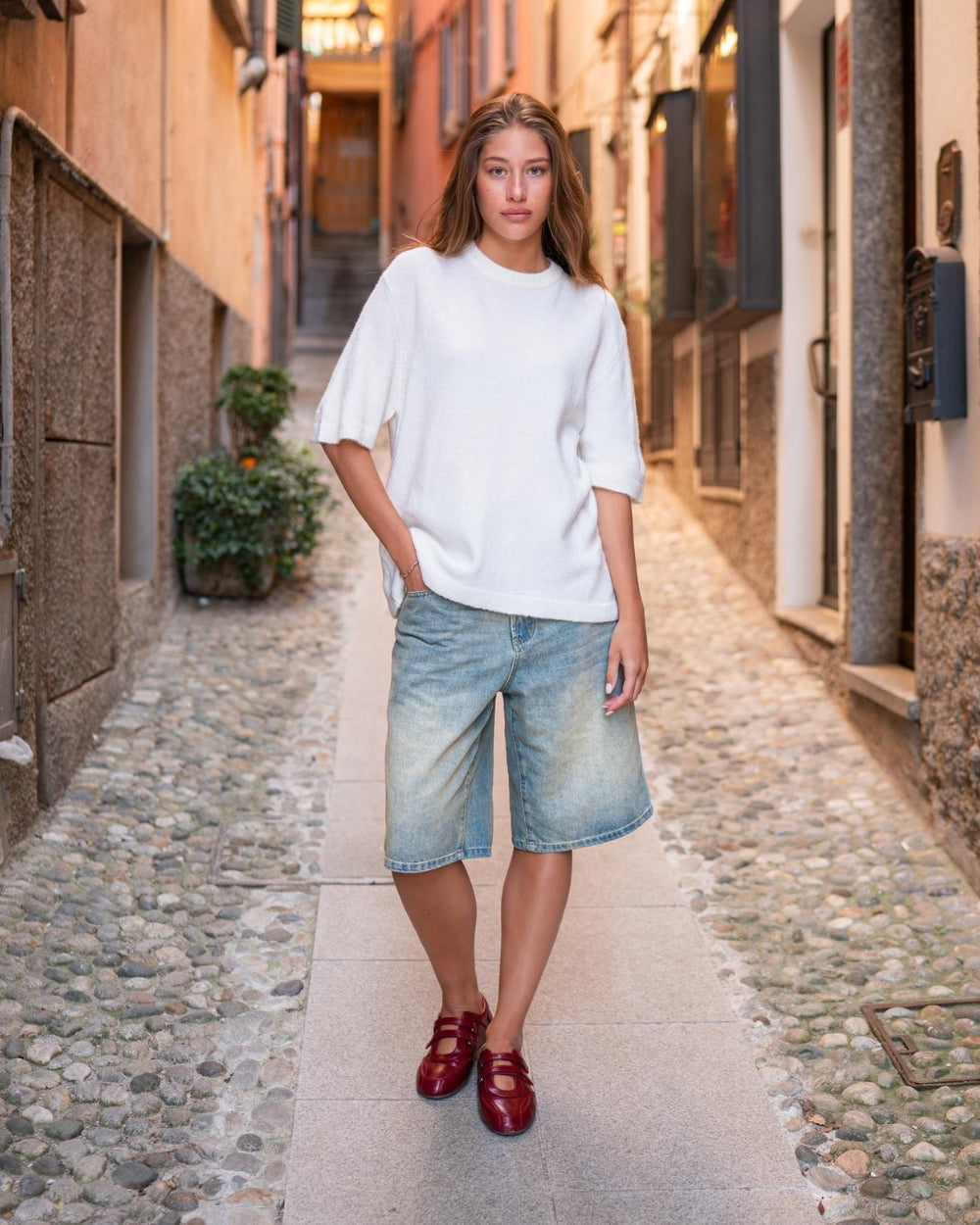 Strickt T-Shirt weiß